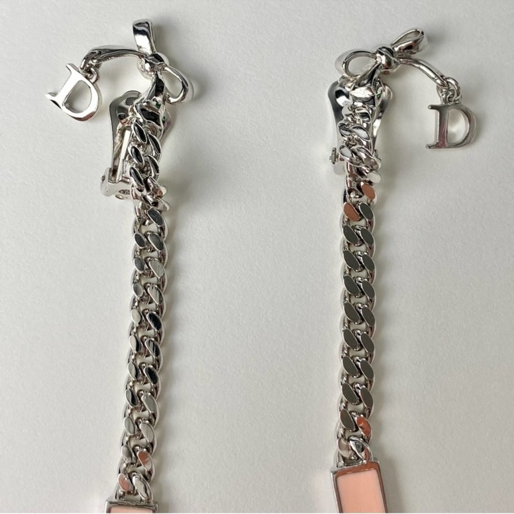 AUTH VTG Christian Dior Silver Long Chain Pink Enamel Nameplate Logo Earrings - Picture 10 of 12